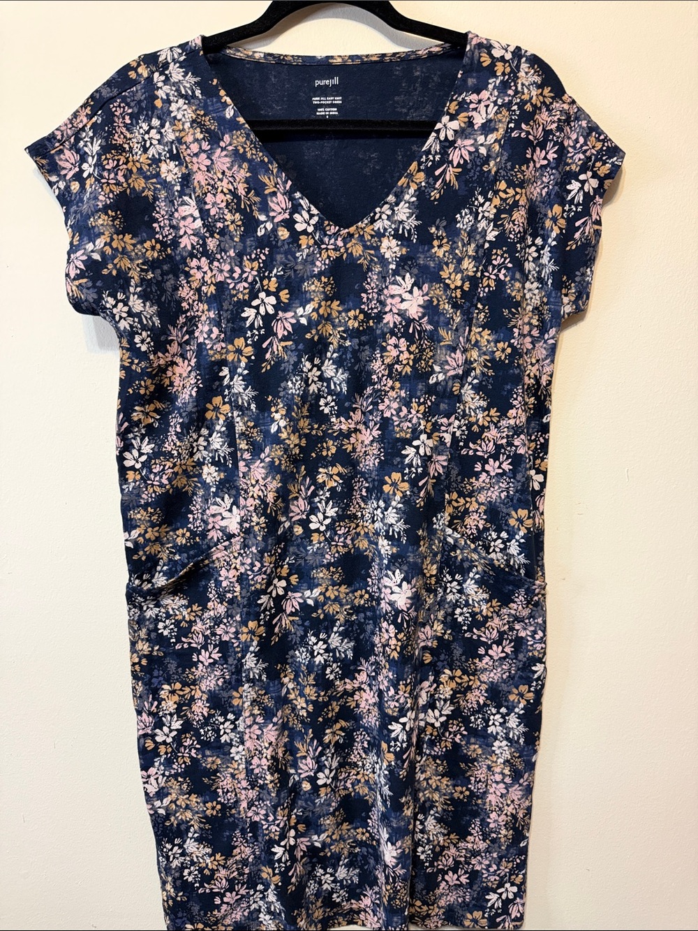 J. Jill purr Jill Navy Floral V-Neck Midi Dress with Pink and Tan Accents